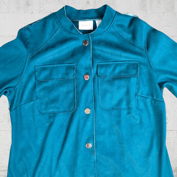 Chicos Teal Green Faux Suede Double Face Button Front Jacket Size 1 Medium - Picture 2 of 8